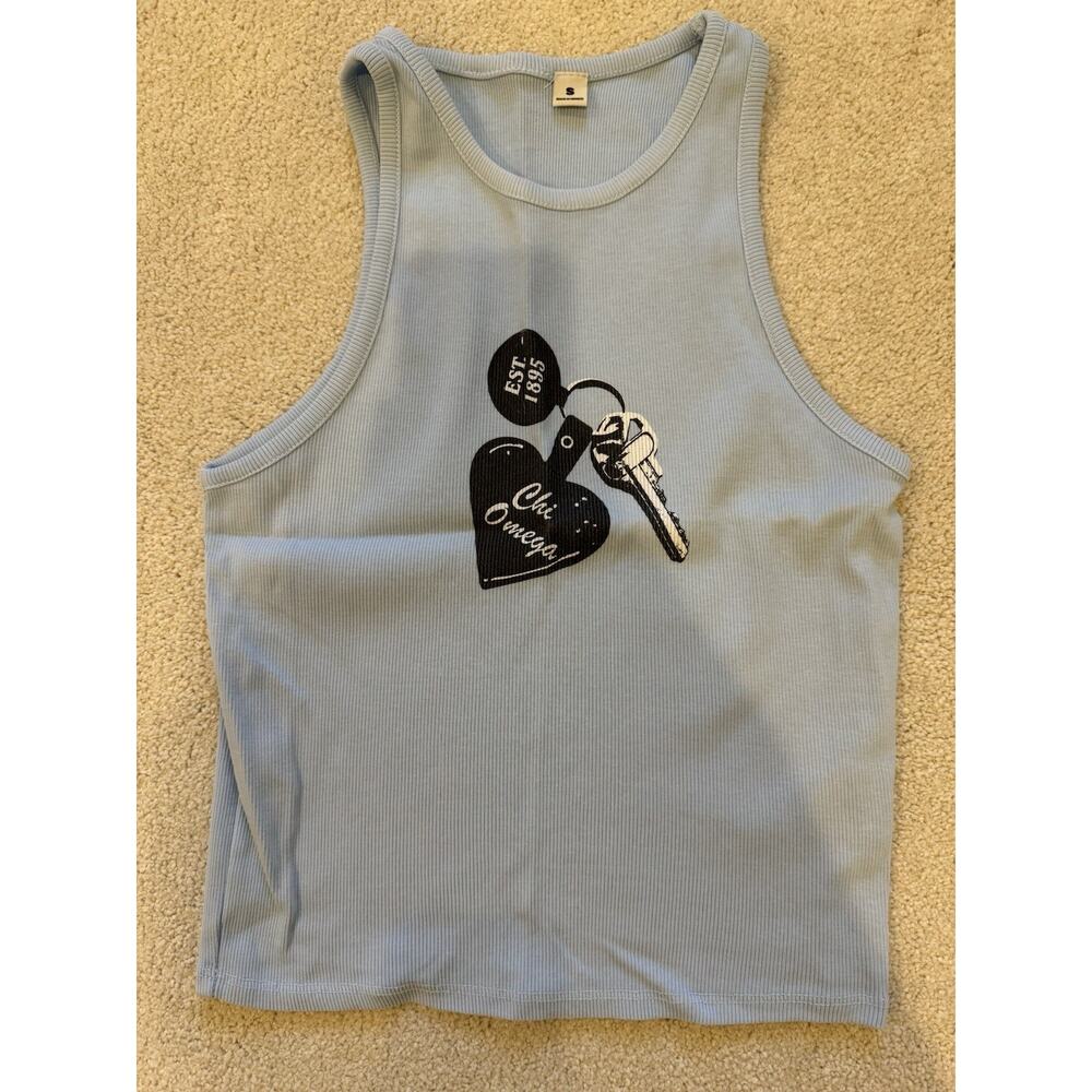 University Tees Chi Omega Sorrority Blue Ribbed Graphic Print Tank Top